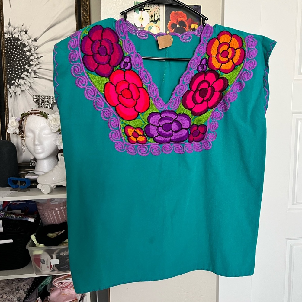 Vintage Embroidered Floral Cotton Blouse